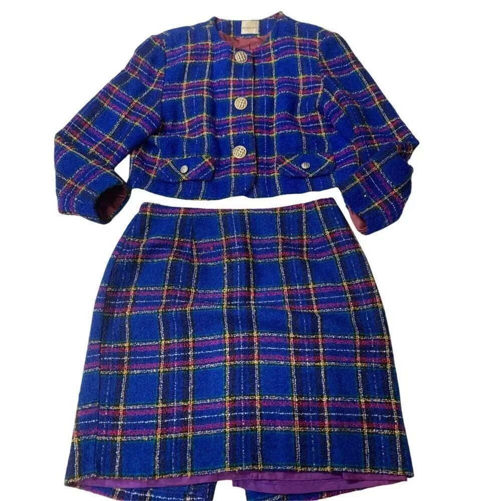 Multicolored Plaid Patterned Tweed Skirt suit